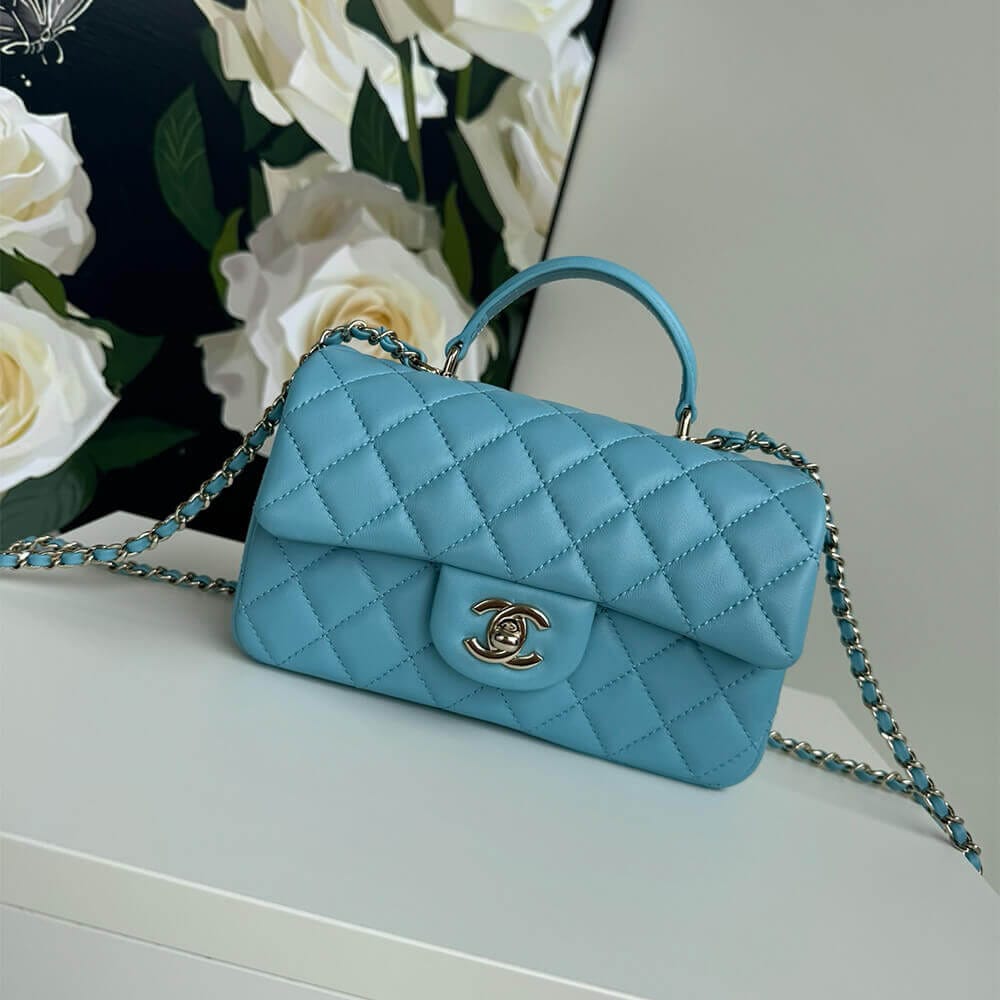 CHANEL Mini Classic Handbag With Top Handle Lake Blue - Image 2