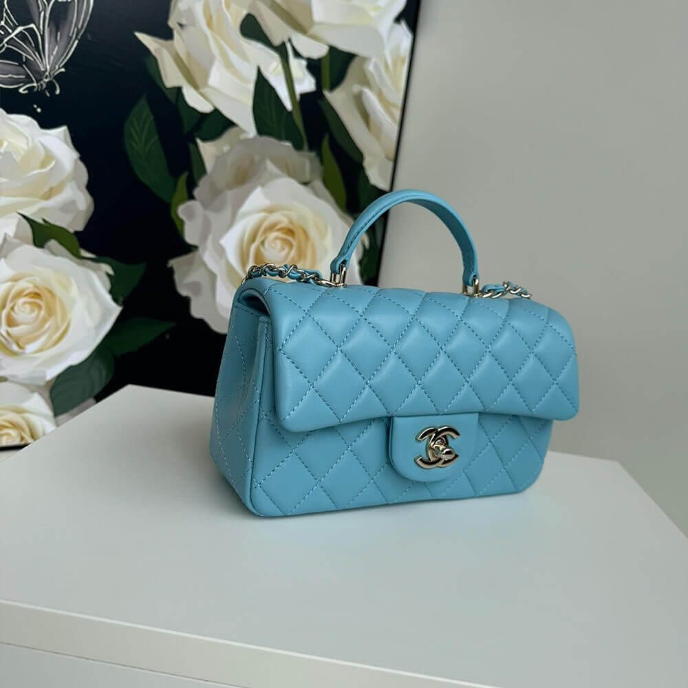 CHANEL Mini Classic Handbag With Top Handle Lake Blue - Image 3