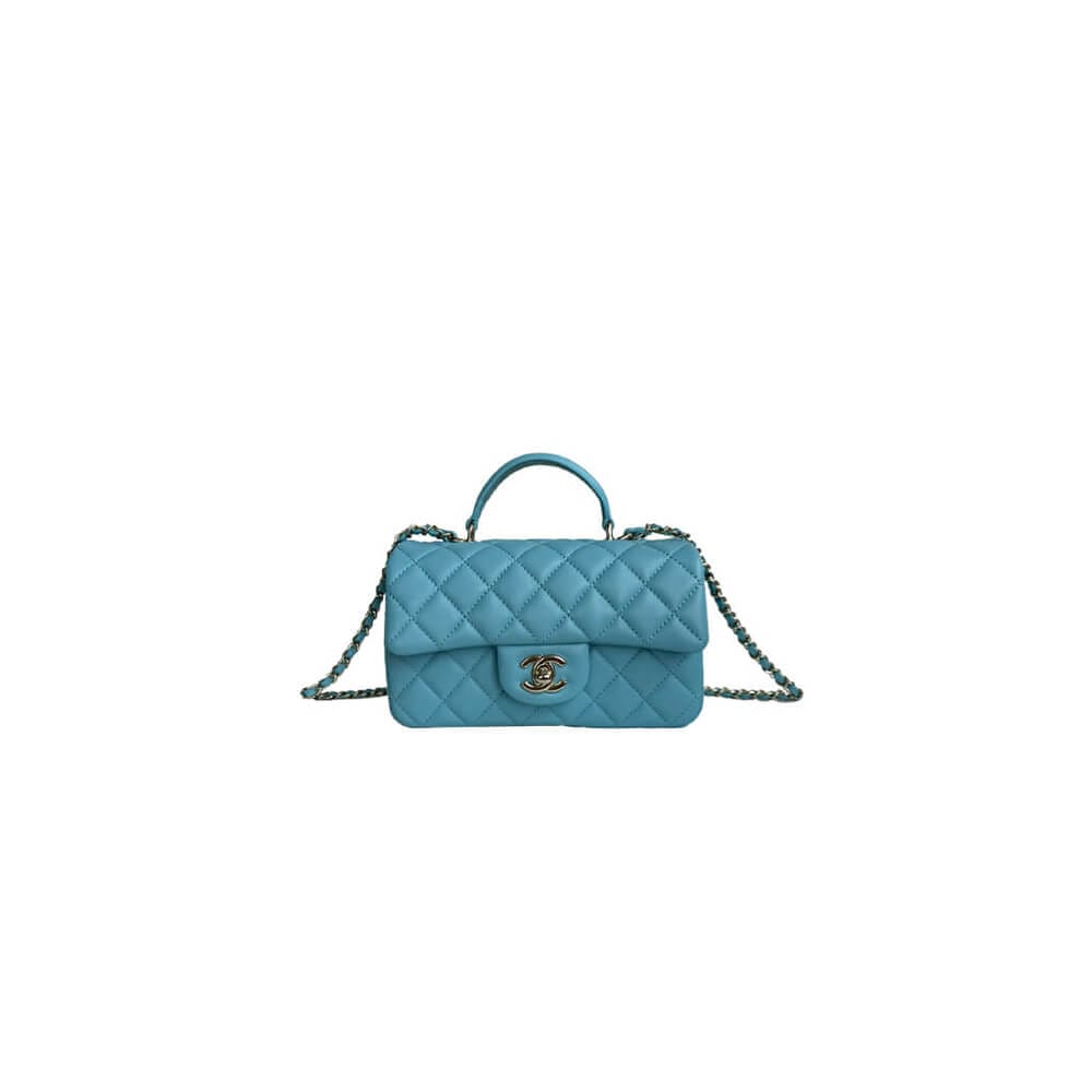 CHANEL Mini Classic Handbag With Top Handle Lake Blue