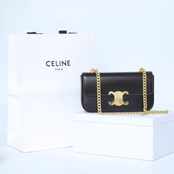 CELINE CLAUDE shiny cowhide leather chain shoulder bag black - Image 2