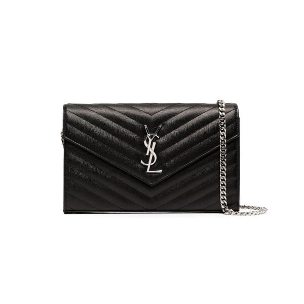 Saint Laurent Chain-strap YSL-plaque grained-leather wallet black