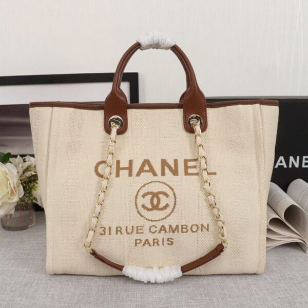 CHANEL Woven Straw Raffia Striped Medium Deauville Tote Beige - Image 2