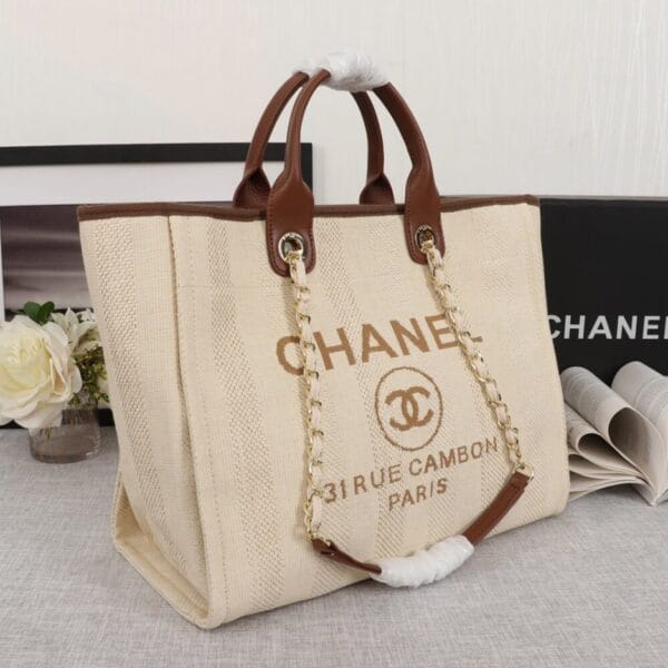 CHANEL Woven Straw Raffia Striped Medium Deauville Tote Beige - Image 3