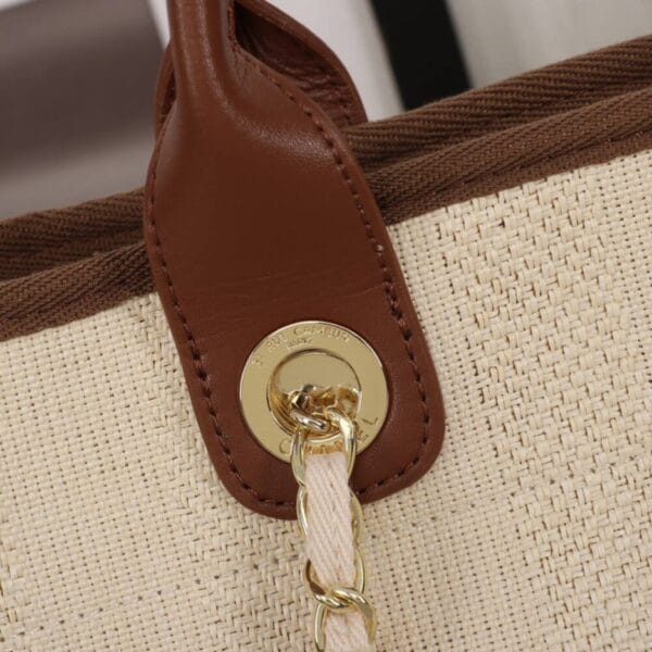 CHANEL Woven Straw Raffia Striped Medium Deauville Tote Beige - Image 6