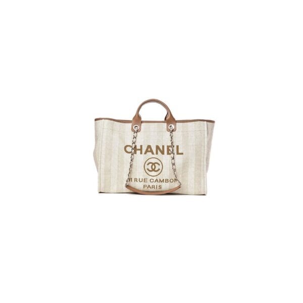 CHANEL Woven Straw Raffia Striped Medium Deauville Tote Beige