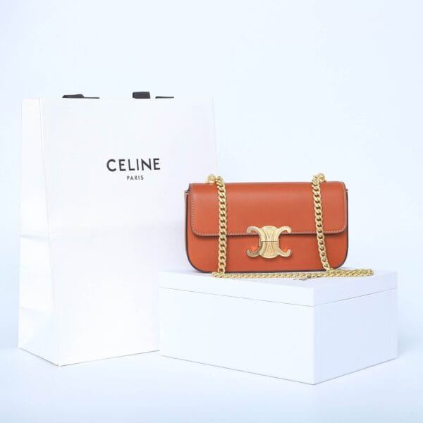 CELINE CLAUDE shiny cowhide leather chain shoulder bag Khaki - Image 2