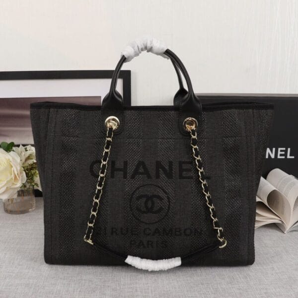 CHANEL Woven Straw Raffia Striped Medium Deauville Tote black - Image 2