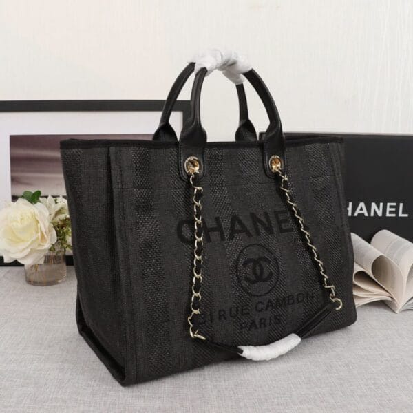 CHANEL Woven Straw Raffia Striped Medium Deauville Tote black - Image 3