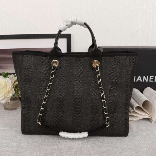 CHANEL Woven Straw Raffia Striped Medium Deauville Tote black - Image 4