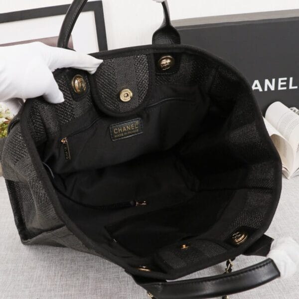 CHANEL Woven Straw Raffia Striped Medium Deauville Tote black - Image 8
