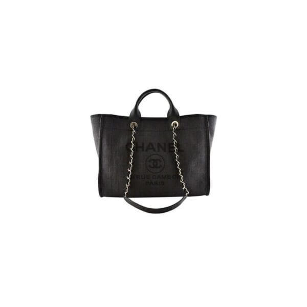 CHANEL Woven Straw Raffia Striped Medium Deauville Tote black