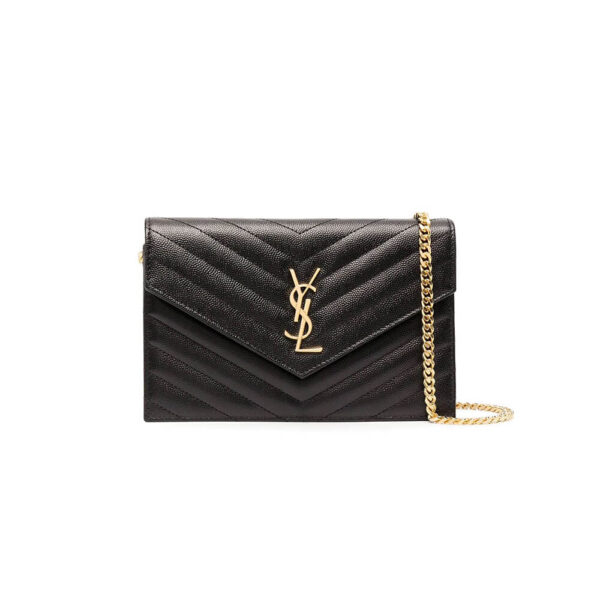 Saint Laurent Chain-strap YSL-plaque grained-leather wallet black